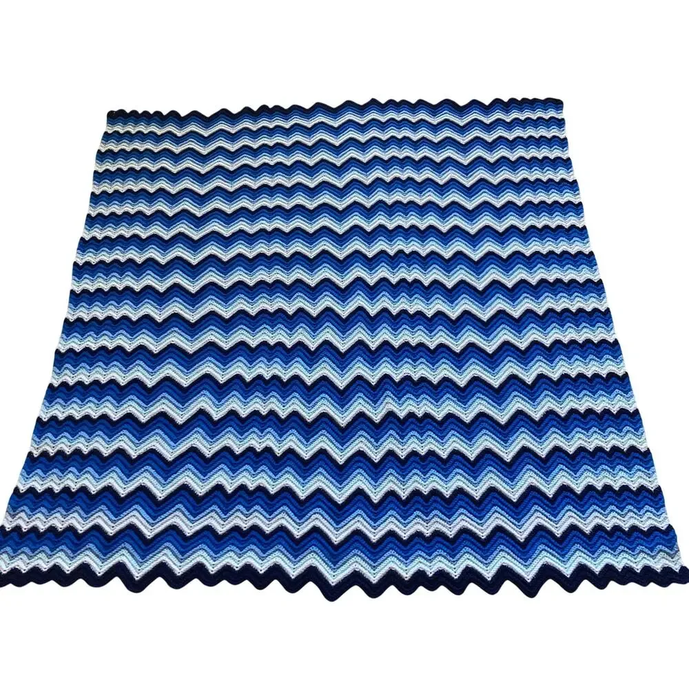 Handmade Large Afghan Blue & White Chevron Wave Zig Zag Pattern Blanket 60